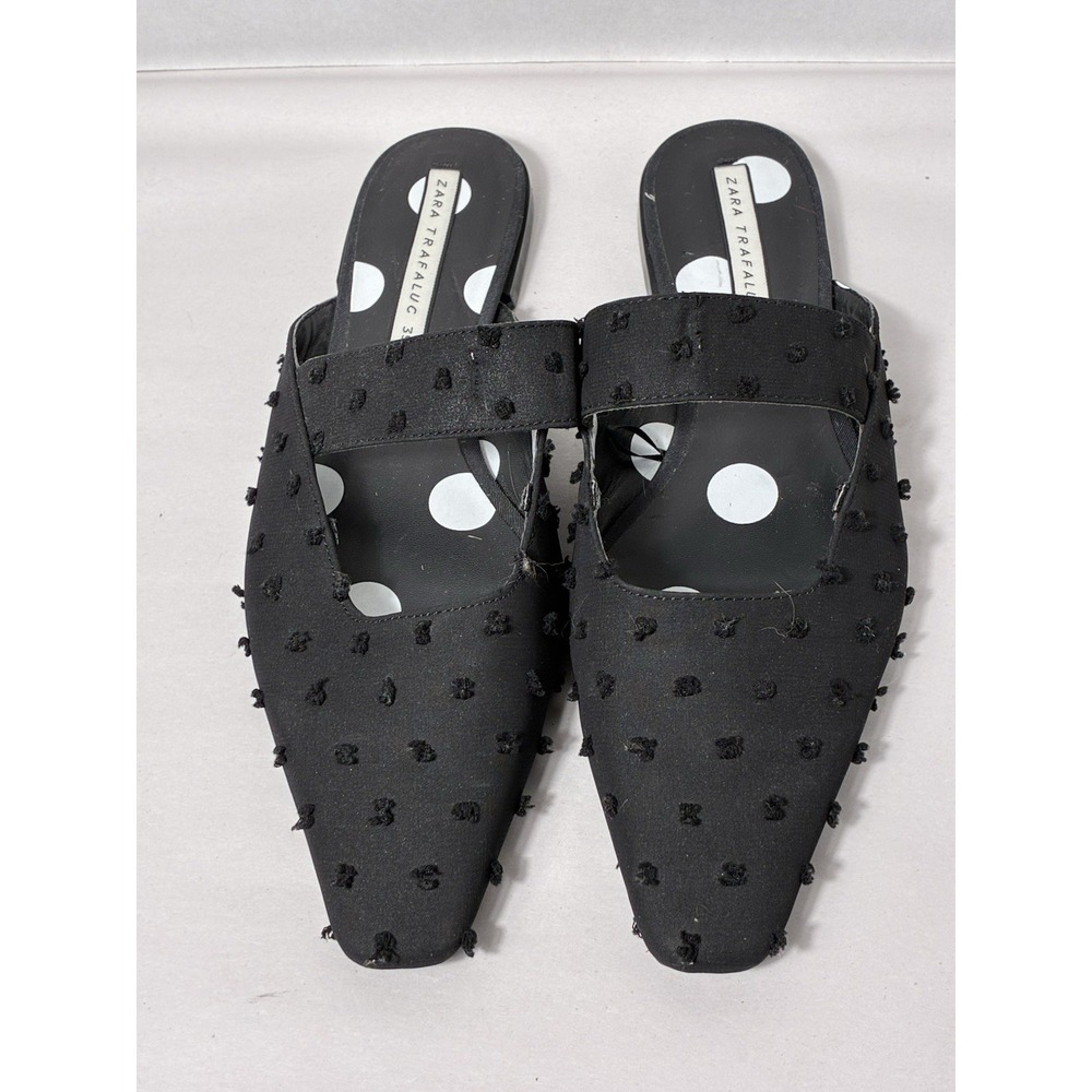 zara trafaluc Slip On Mule Polka Dot Textured Slides Sz 8 Black Square Toe Flats - Picture 5 of 6